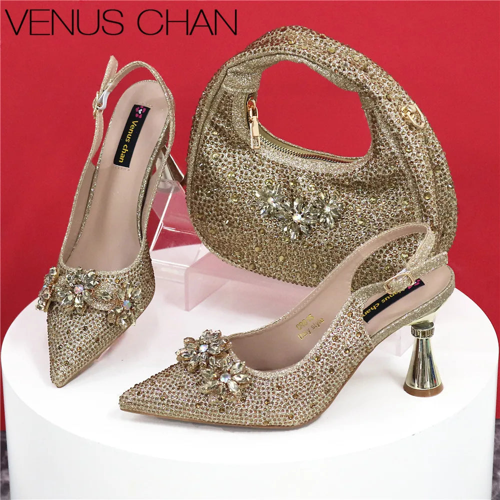 Popularity Pointed Toe High Heels Shoes and Bags Set With Rhinestone for Women Wedding Party Elegant Luxury Fashion