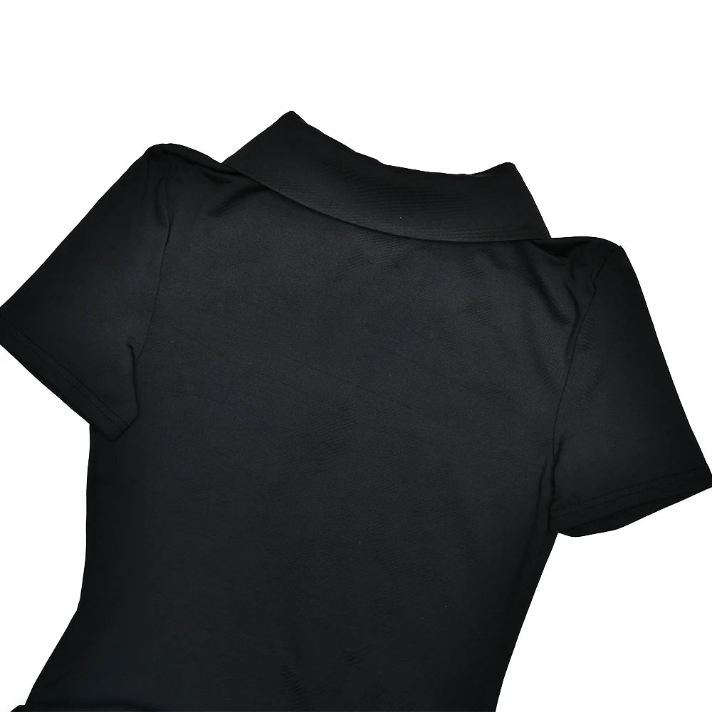 Sibybo Polo Collar Zipper Women Jumpsuits Set Short Sleeve High Elastic Rompers Ruched Bodycon Skirt Spring Casual Matching Sets