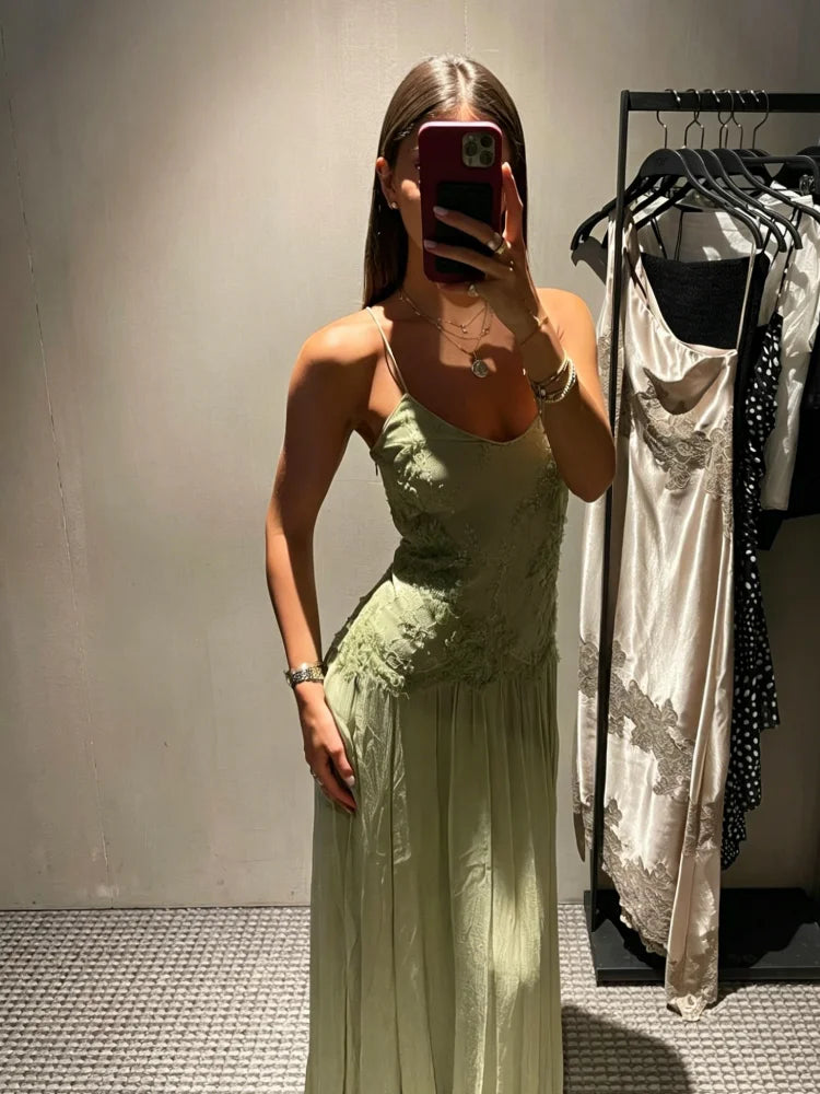 Women's Lace Spliced Dress Sage Green Floral Embroidery Spaghetti Strap Flowy Long Dress Elegant Bohemian Summer Party Dress