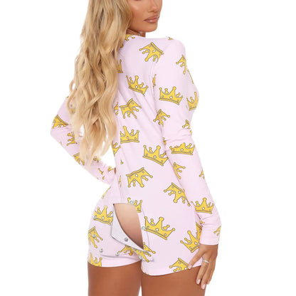 Combhasaki Women's Sexy High Waist Functional Buttoned Flap OnesEies Casual Pattern Print Romper Long Sleeve Playsuit Homewear