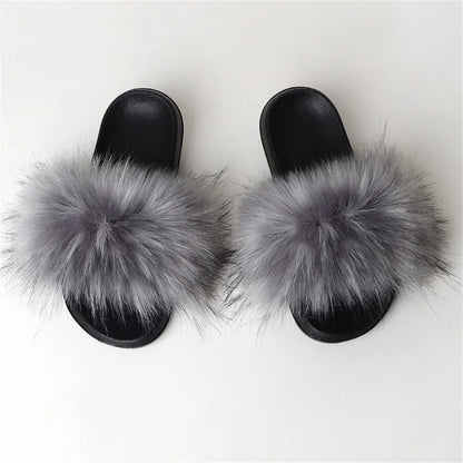 Women's Summer Faux Fur Fox Fur Slippers Fashion Luxury Indoor and Outdoor Non-Slip Solid Color Flat Bottom Furry Sandals