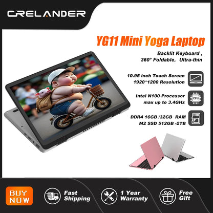 CRELANDER Mini Yoga Laptop 10.95"Touch Screen DDR4 16GB M2 SSD Backlit Keyboard 360° Flipable Windows 11 Laptops PC Tablet
