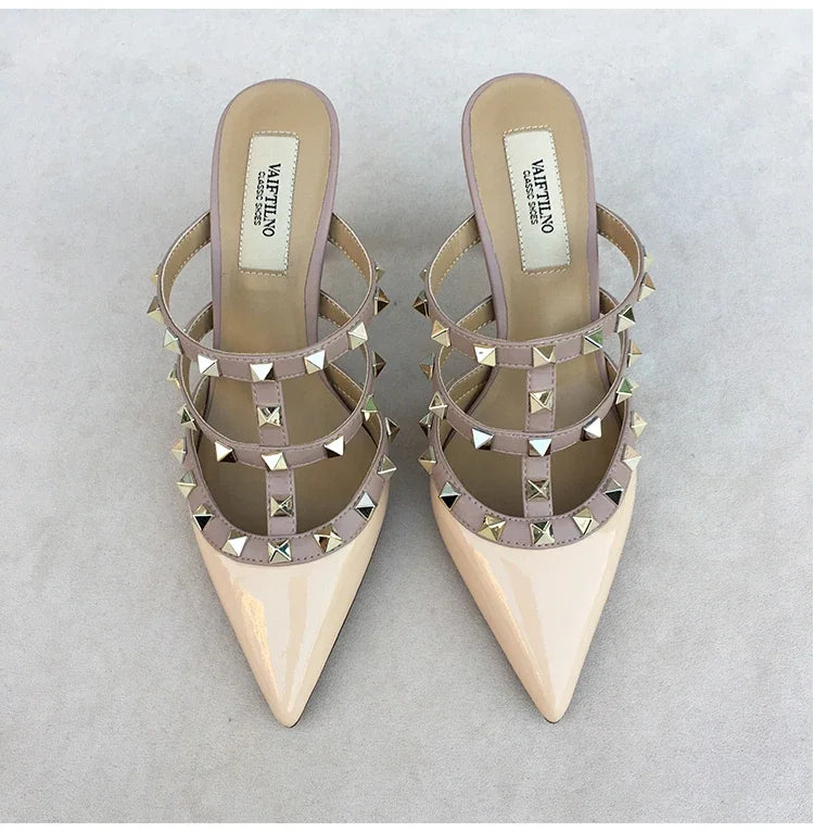 Women's sandals luxury Brand Shoes Woman 2025 trend Ankle Strap Summer Rivets High Heels Slippers Design Pointed Toe Sexy party