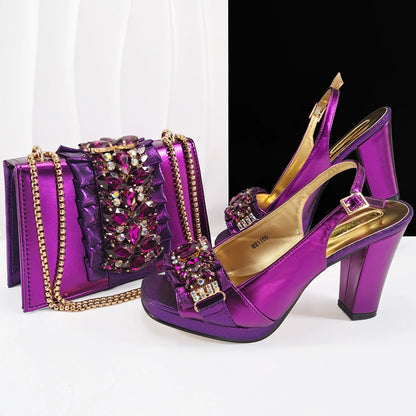 Purple Elegant Women Open Toe Heels Shoes and Bag Set Decoration Rhinestones Italians Women High Heels Shoes With Match Handbags