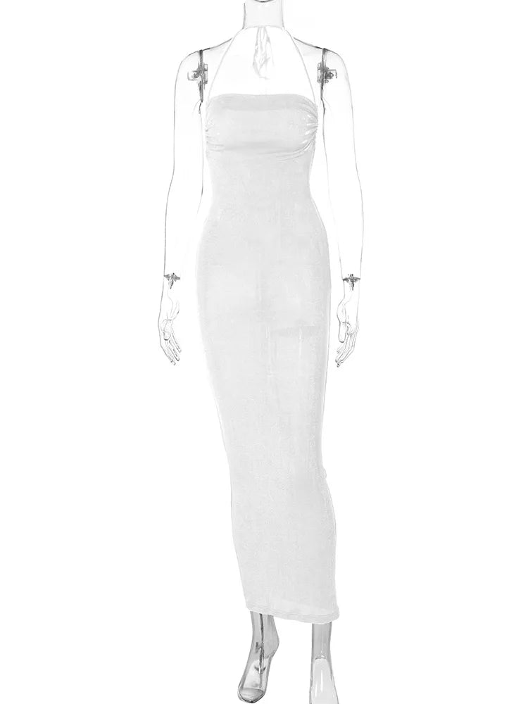 Sexy Long Shoulder Strap Open Back Backless Bodycon Maxi Dress Women Sleeveless Halter Skinny Long Dress Club Party Vestidos