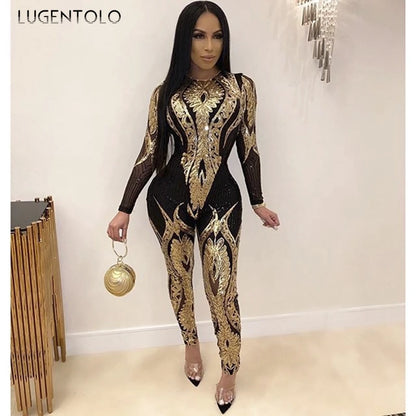 Sexy Gold Sequin Jumpsuit Women Bodycon Overalls Glitter Bandage Rompers Elegant Party Club lady Fashion Jumpsuits