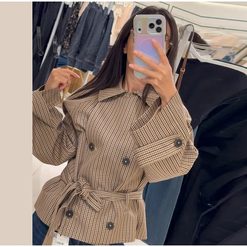 Plaid Short Trench Coat Women Lapel Collar Double Breasted Belted Waist Long Sleeve Loose Jacket 2026 Autumn Casual Chic Coats