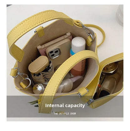Fashion Vegetable Basket Bucket Bag Women's Autumn New Lychee Pattern Shoulder Bag Simple Solid Color Niche Messenger Bag