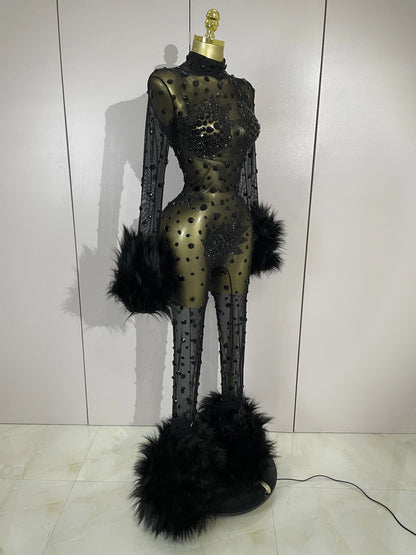 STOCK Luxury Diamond Black Mesh Transparent Stretchy Long Sleeve Jumpsuit Women Sexy Performance Singer Costume Nightclub Outfit