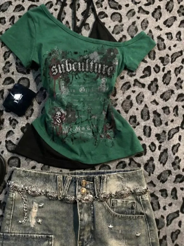 American Vintage Letter Print Fake Two Halter T-shirt Women Short Sleeve Patchwork Slim Crop Tops Y2k Aesthetic Harajuku Tees
