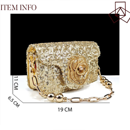 QSGFC Shiny Gold Color Shoes and Bag Elegant Handbags and Medium Heel Shoes Beautiful Handmade Flowers For Wedding Party