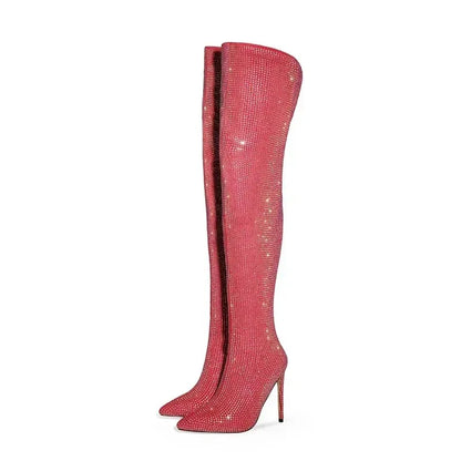 Silver Black Rhinestone 12cm High Heel Long Boots New Fashion Show Shiny Diamond Pointed Women's Over The Knee Boots Size 34-46