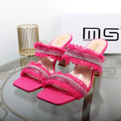 Denim women slippers 2025 new rhinestone plush stiletto heels women outdoor fashion women's slippers Luxury elegant women shoes