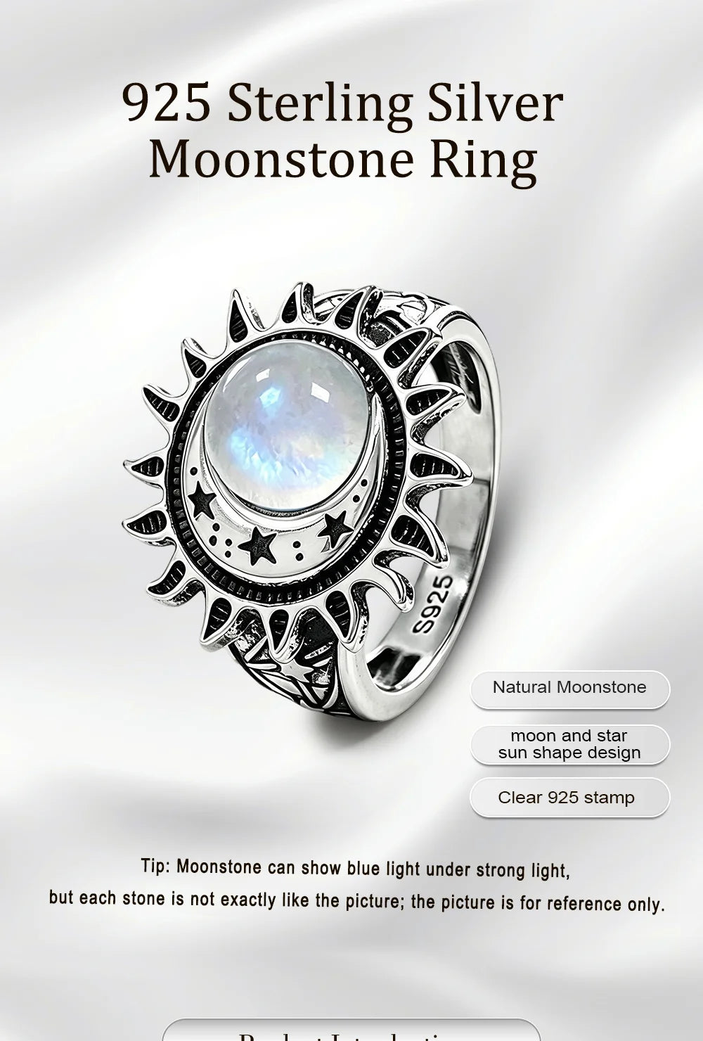 925 Sterling Silver Natural Moonstone Ring 8MM Bohemian Star Sun Moon Shape Ring Gothic Punk Style Party Gift for Women Men