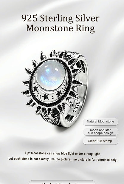925 Sterling Silver Natural Moonstone Ring 8MM Bohemian Star Sun Moon Shape Ring Gothic Punk Style Party Gift for Women Men