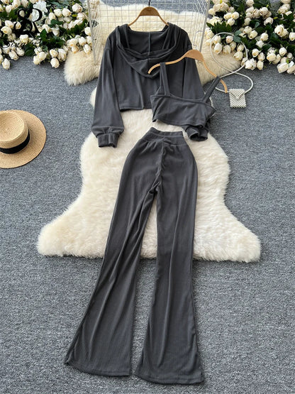 SINGREINY 2026 Autumn Sporty Suits Ladies Full Sleeves Hoodies+Sling Mini Camis+Drawstring Long Pants Casual Three Pieces Sets