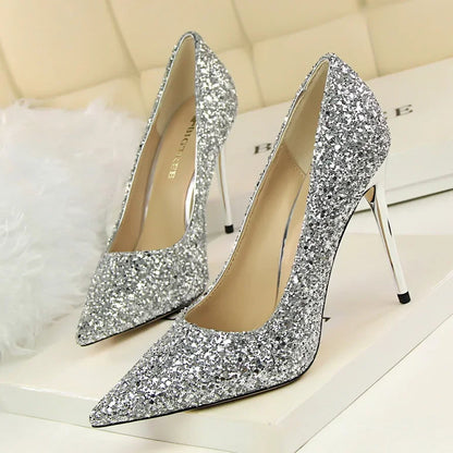 Women Luxury Bling Red  Blue Valentine Party Scarpins Pumps Lady Glitter Sequins 7cm 9.5cm High Heels Designer Shoes Plus Size