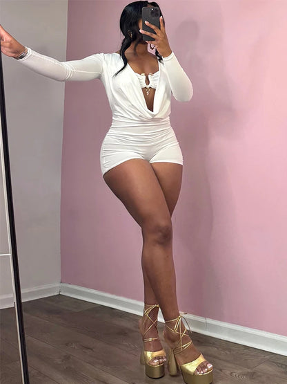 Sisterlinda Swinging Neck Playsuits Women Solid Metal Splice Cleavage Full Sleeve Stretch Sexy Slim Romers Chic Trend Clubwear