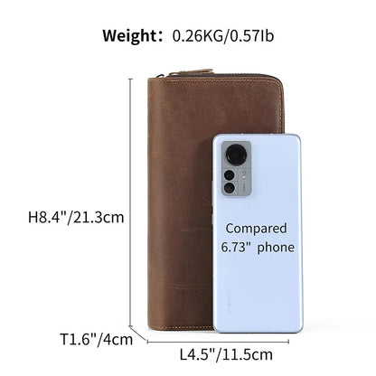 Men's Clutches Long Handbag Business Vintage Cow Leather Man Long Wallet For Men And Woman Oil Wax Zipper Bag Purse
