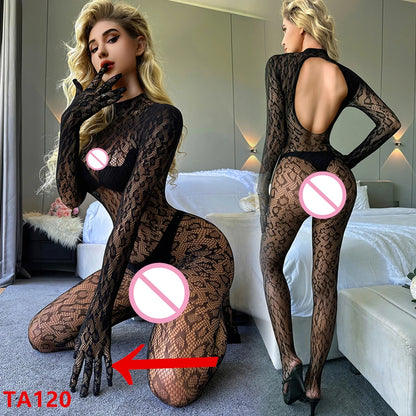 Women Lingeries Leopard Vintage Fashion Lace Up Suits Black Sexy Slim Bodysuits Jumpsuit Streetwear Long Sleeve Backless Bodycon
