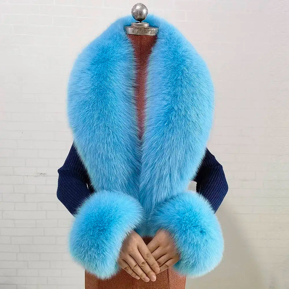 Winter Real Fox Fur Collar Cuffs Set Neck Warmer Fur Scarves Shawls Natural Fox Fur Collar Scarf Women Men Coat Warm Accessories