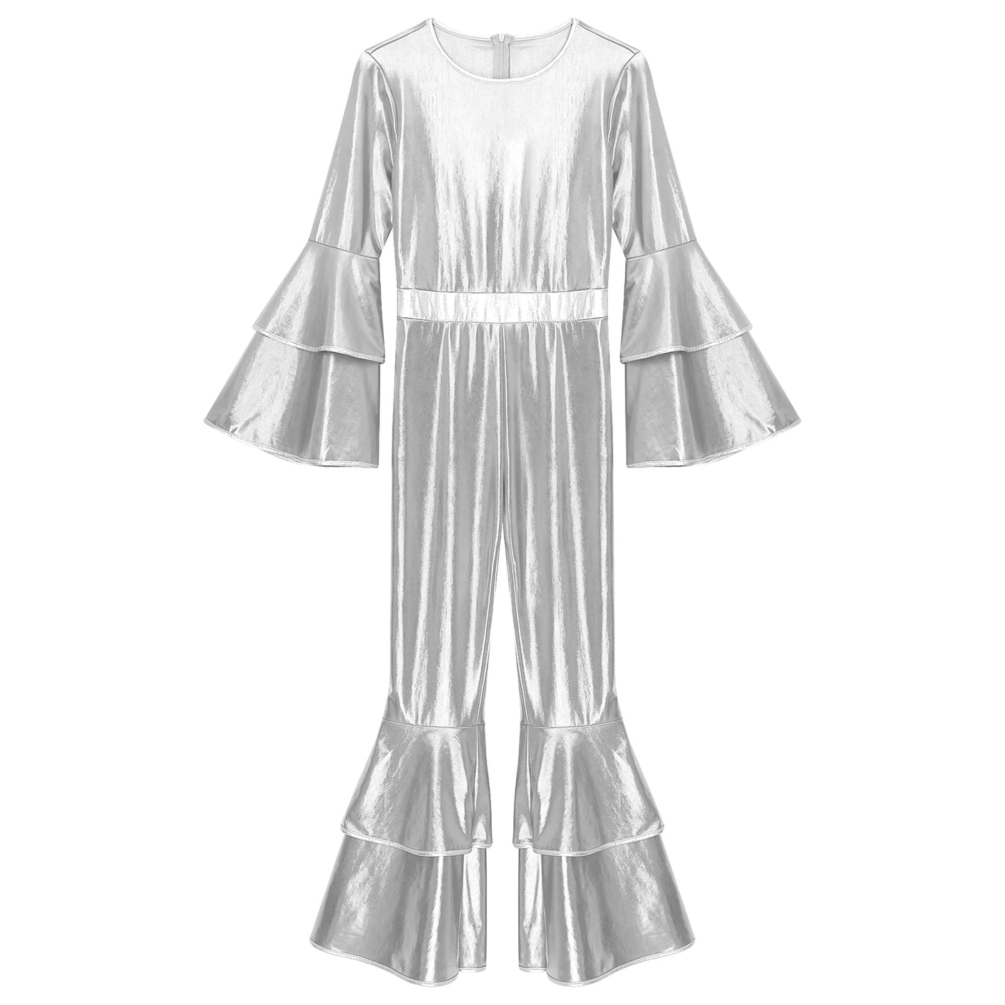 Womens 70S Disco Vintage Jumpsuit Metallic Shiny Flare Sleeve Bodysuit Hippie Bell Bottom Jazz Dance Carnival Rave Party Costume