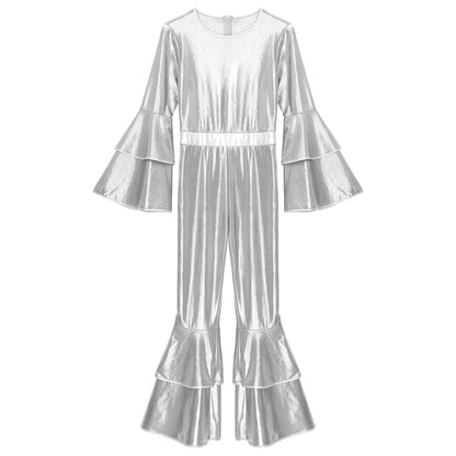Womens 70S Disco Vintage Jumpsuit Metallic Shiny Flare Sleeve Bodysuit Hippie Bell Bottom Jazz Dance Carnival Rave Party Costume