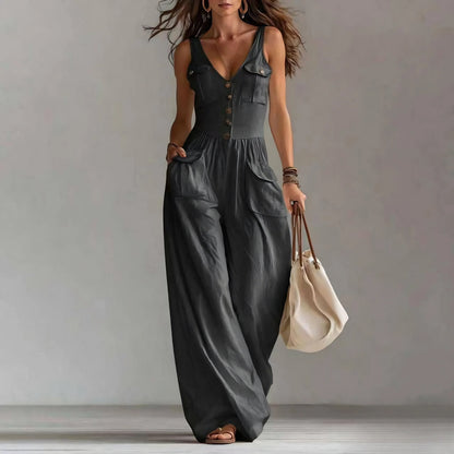 Sleeveless Women's Jumpsuit Featuring V-Neck, Button Decor, Wide-Leg Design and Pockets, Perfect for Casual Summer Beach Outings