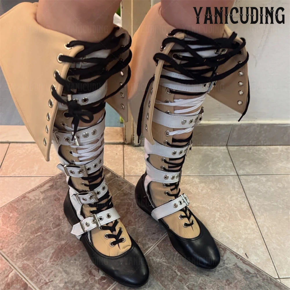 Lace up Buckle Boots Foldable Over-the-Knee Boots Elegant Style Round Toe Flat Boots Black Beige White Handmade Boots for Women