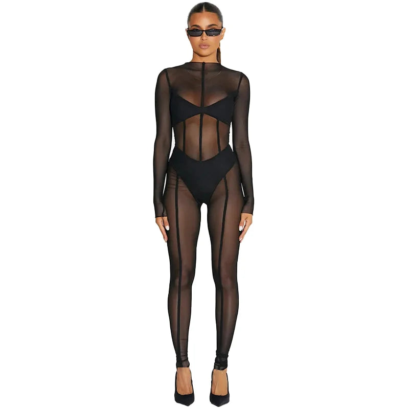 Hugcitar Mesh Long Sleeve Black Zip Up See Through Sheer Sexy Bodycon Jumpsuit 2025 Summer Women Romper Beach Festival Club Y2K