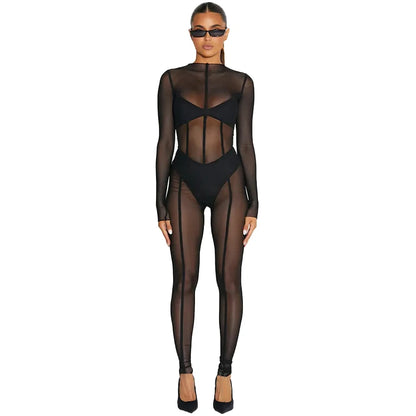 Hugcitar Mesh Long Sleeve Black Zip Up See Through Sheer Sexy Bodycon Jumpsuit 2025 Summer Women Romper Beach Festival Club Y2K