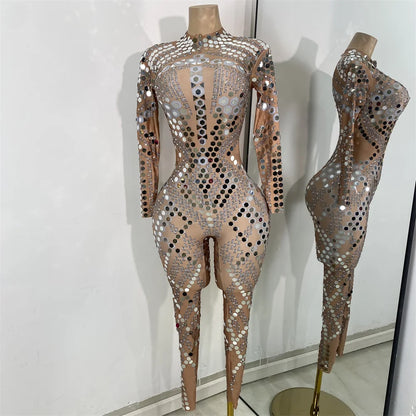 Women Sexy Spandex Tight Jumpsuit Long Sleeve Mirrors Cosplay Costume Nightclub Dancer Outfit Performance Stage Wear