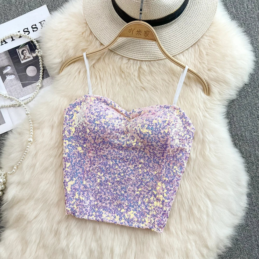 Sexy Sequin Party spaghetti Croset Bustier backless Slim Tanks and Camis Strap Glitter Crop Top Fashion Summer Women Clothes Y2k