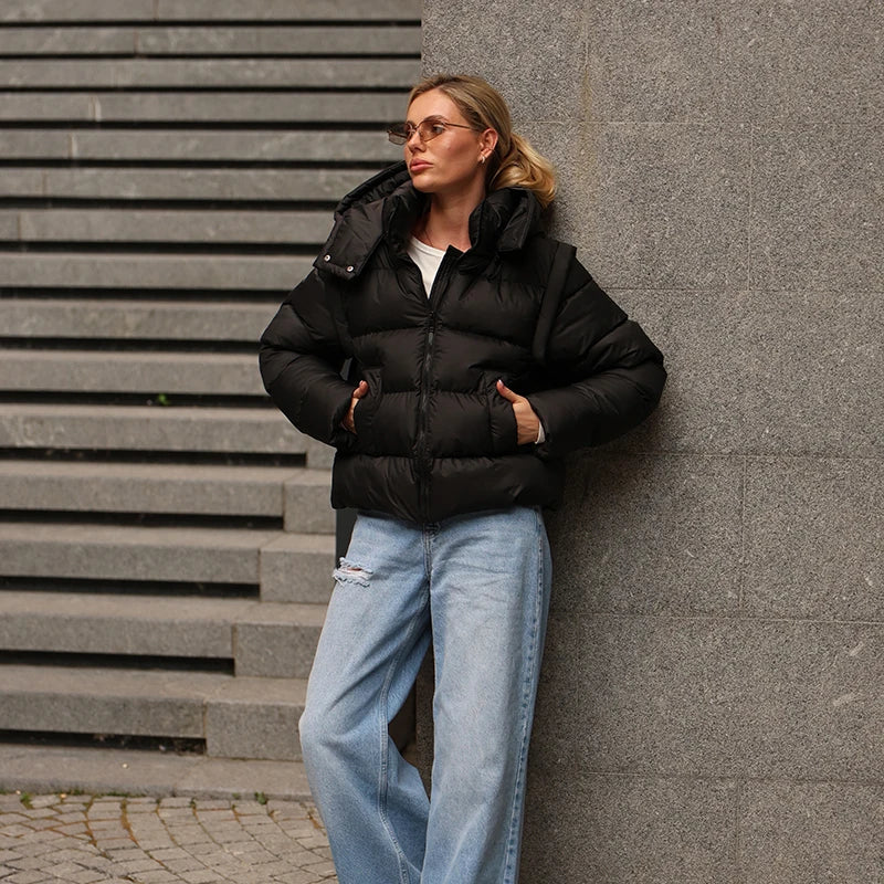 Detachable Sleeve Hooded Quilted Jackets 2026 Winter Ladies Solid 2-in-1 Zippers Waistcoat Cotton Coats Women's Warm Outwear