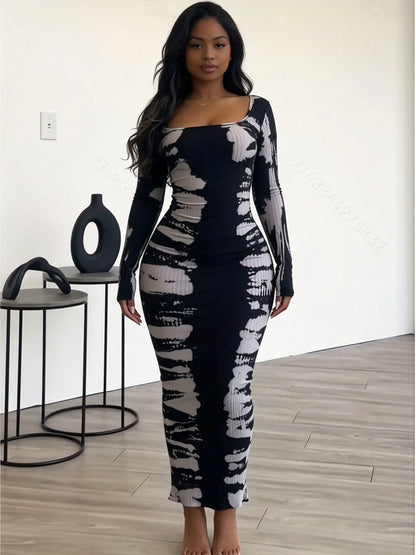 Slim Fit Hip Hugging Long Dress Square Collar Long Sleeves Waist Cinching Figure Show off Square Collar Long Skirt