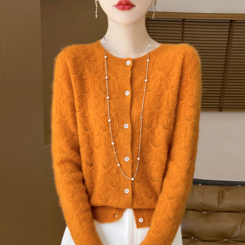 New Autumn Winter Soft Warm Cardigan Woman Cashmere Sweater O-neck Women 100% Merino Wool Sweater Loose Fit Hollow out Top Coat