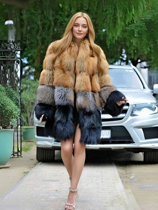 Women Winter Faux Fur Fox Coats mid-length Jackets Furry Outerwear Party Gradient splicing design Thick Warm Coats