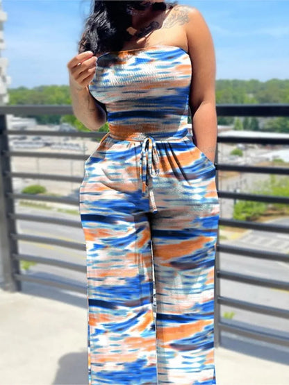 Women's Sexy Strapless One Piece Printed Pants Summer Fashion Lace Up High Waisted Slim Sleeveless Female Beach Holiday Jumpsuit