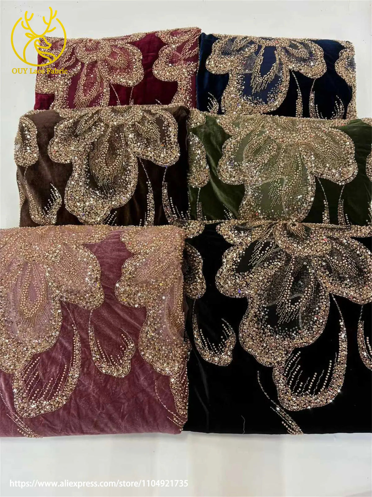 Luxury African Velvet Gold Beaded Sequins Lace Fabric 5 Yards Wine Red Groom Embroidery French Tulle Lace For Women Party Dress