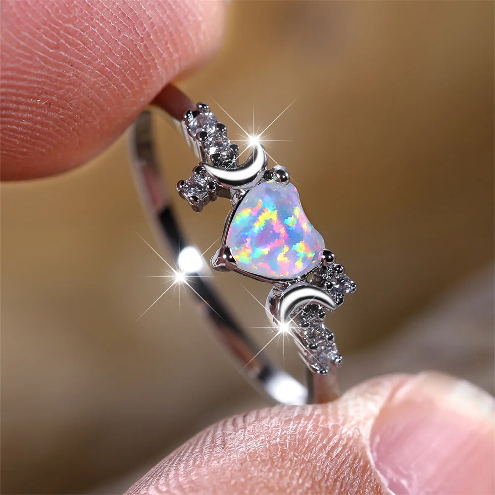 White Fire Opal Love Heart Stone Rings For Women Rose Gold Silver Color Wedding Band Bridal Engagement Jewelry Mother's Day Gift