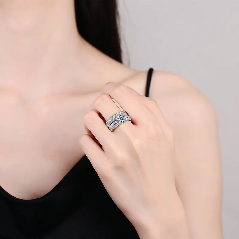 Women's PT950 Platinum Double Band Ring, High-Precision Craftsmanship, 1 Carat Moissanite Ring Set