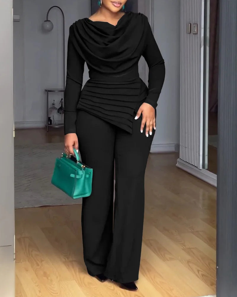 Swing Collar Ruched Jumpsuit Long Sleeve Solid Elegant Office Lady Asymmetric Hem Casual Vintage Ruched Slim Rompers Autumn