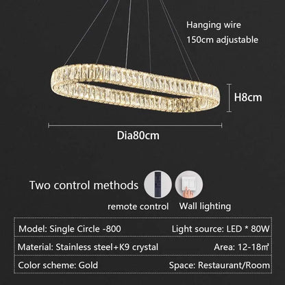 Modern LED Luxury Crystal Chandelier Villa Staircase Living Room Dimming Circular Gold Chandelier Home Lighting Indoor Light