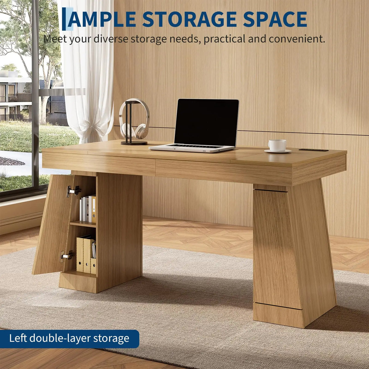 55 Inch Executive Desk With Power Outlets, USB A/C, Hidden Cabinet, Modern Home Office Computer Table, 3 Finishes, 400LB MDF Top