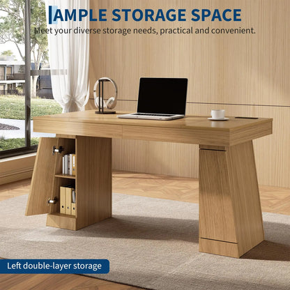 55 Inch Executive Desk With Power Outlets, USB A/C, Hidden Cabinet, Modern Home Office Computer Table, 3 Finishes, 400LB MDF Top