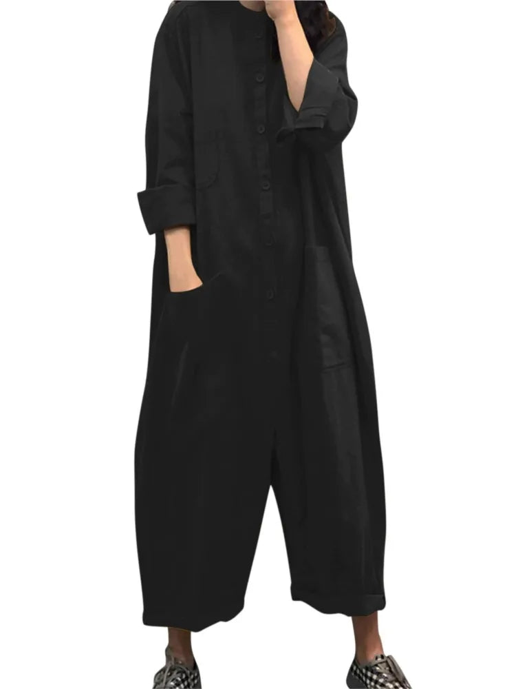Solid Color Casual Loose Pocket Jumpsuit Women New Fall Simple Long Sleeve Shirt Female Vacation Rompers Fashionable Streetwear