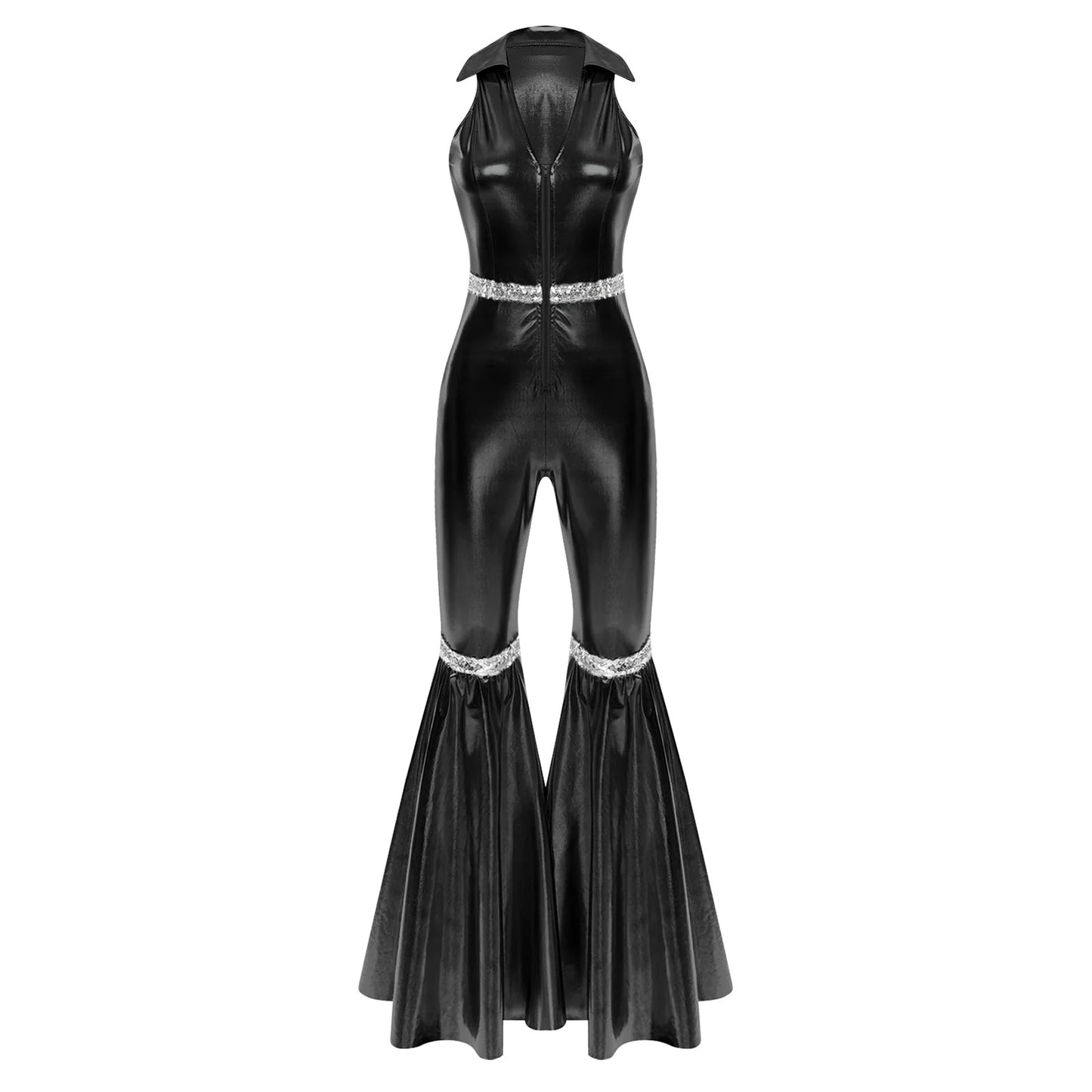 Adult Womens 70s Disco Rompers Lapel V Neck Sleeveless Front Zipper Sequins Bell Bottom Long Pants Jumpsuit Retro Jazz Dancewear
