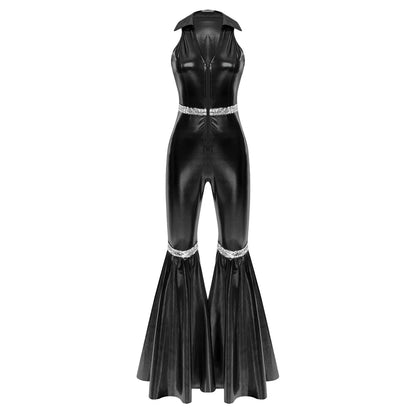 Adult Womens 70s Disco Rompers Lapel V Neck Sleeveless Front Zipper Sequins Bell Bottom Long Pants Jumpsuit Retro Jazz Dancewear