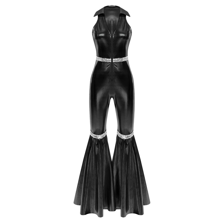 Adult Womens 70s Disco Rompers Lapel V Neck Sleeveless Front Zipper Sequins Bell Bottom Long Pants Jumpsuit Retro Jazz Dancewear