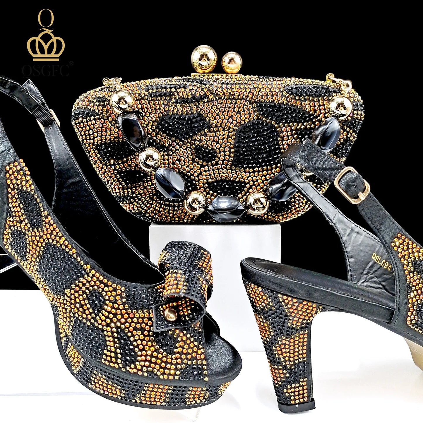 Nigeria Women's Open Toe High Heels Package Set Leopard Colorblocking Hot Rhinestones Fashion Sexy High Heels